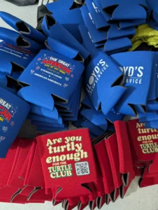 Custom printed koozies for Great American Bash event sponsors.