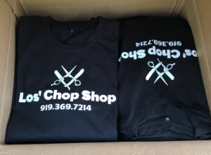Single-color screen printed work shirts for Los' Chop Shop of Raleigh.
